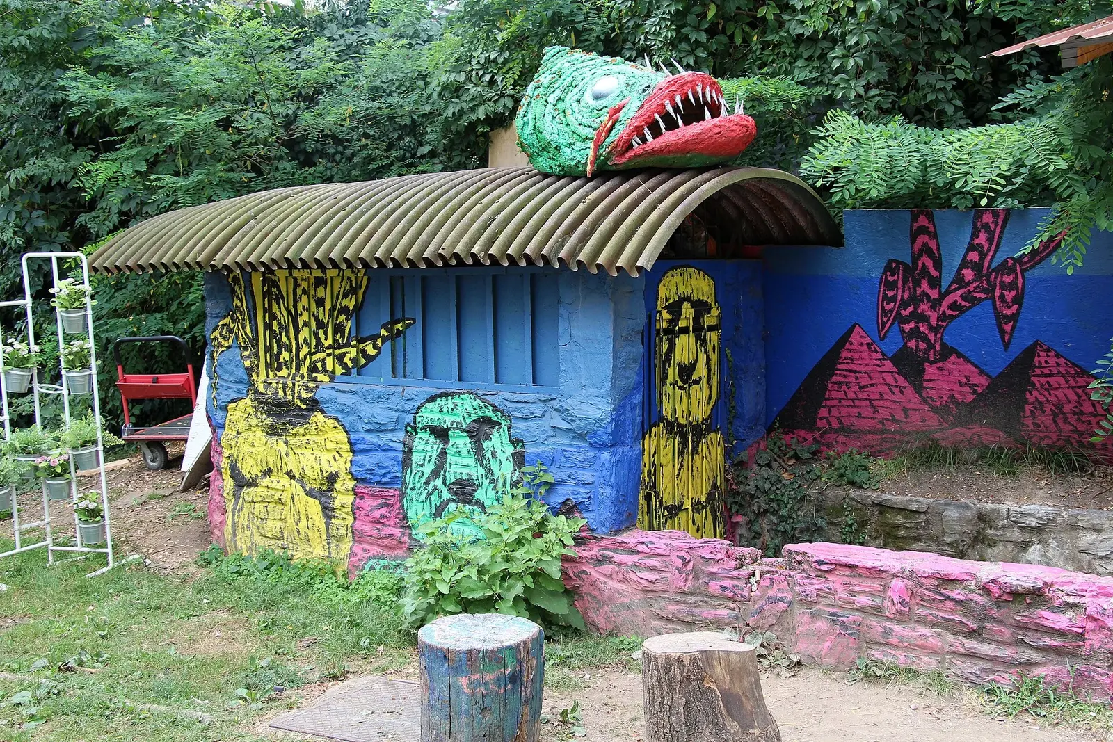 Colourfully painted small building at Zagreb Art Park in 2018