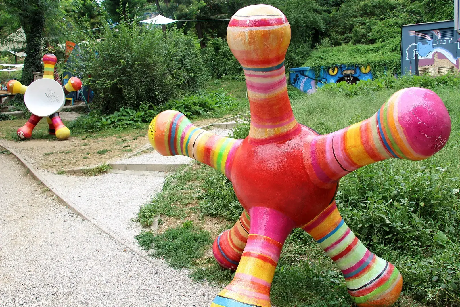 Striped sculptural figures in Zagreb Art Park during its 2018 season