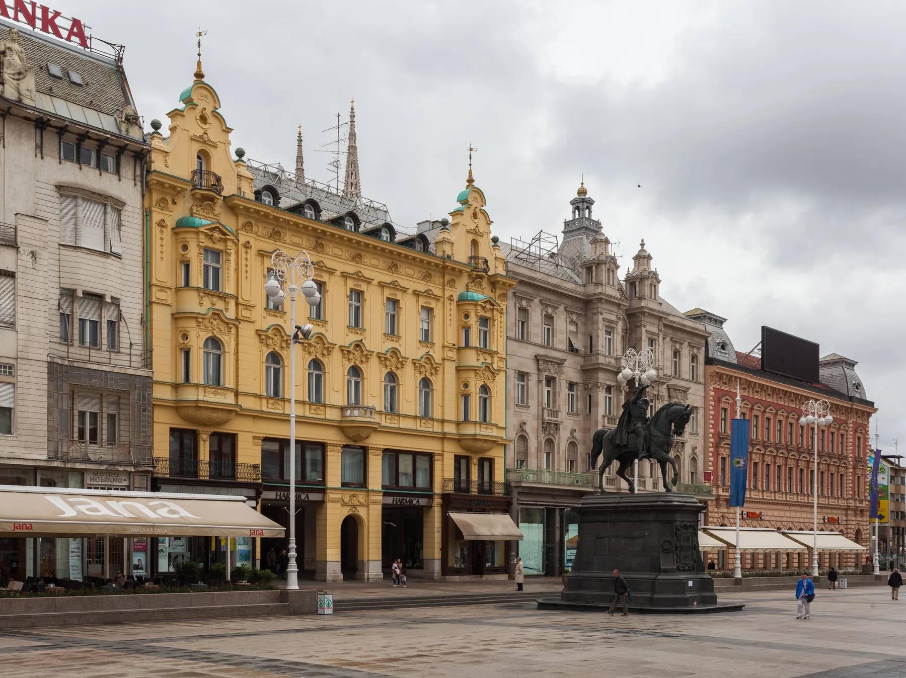 Ban Jelacic equestrian statue set against the historic facades on Zagreb's main square