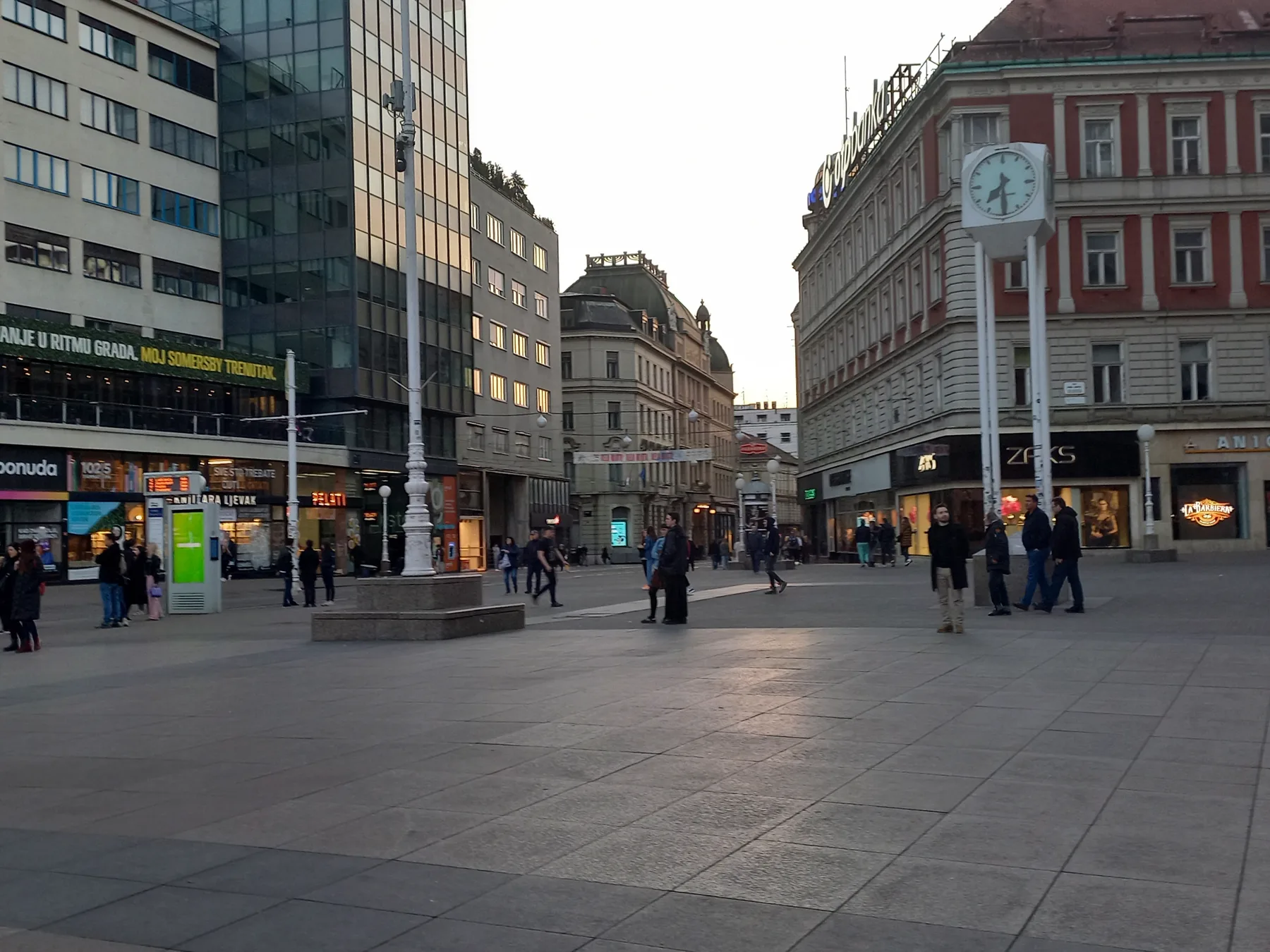 West side of Ban Jelacic Square with the meeting clock and broad pedestrian paving in 2023