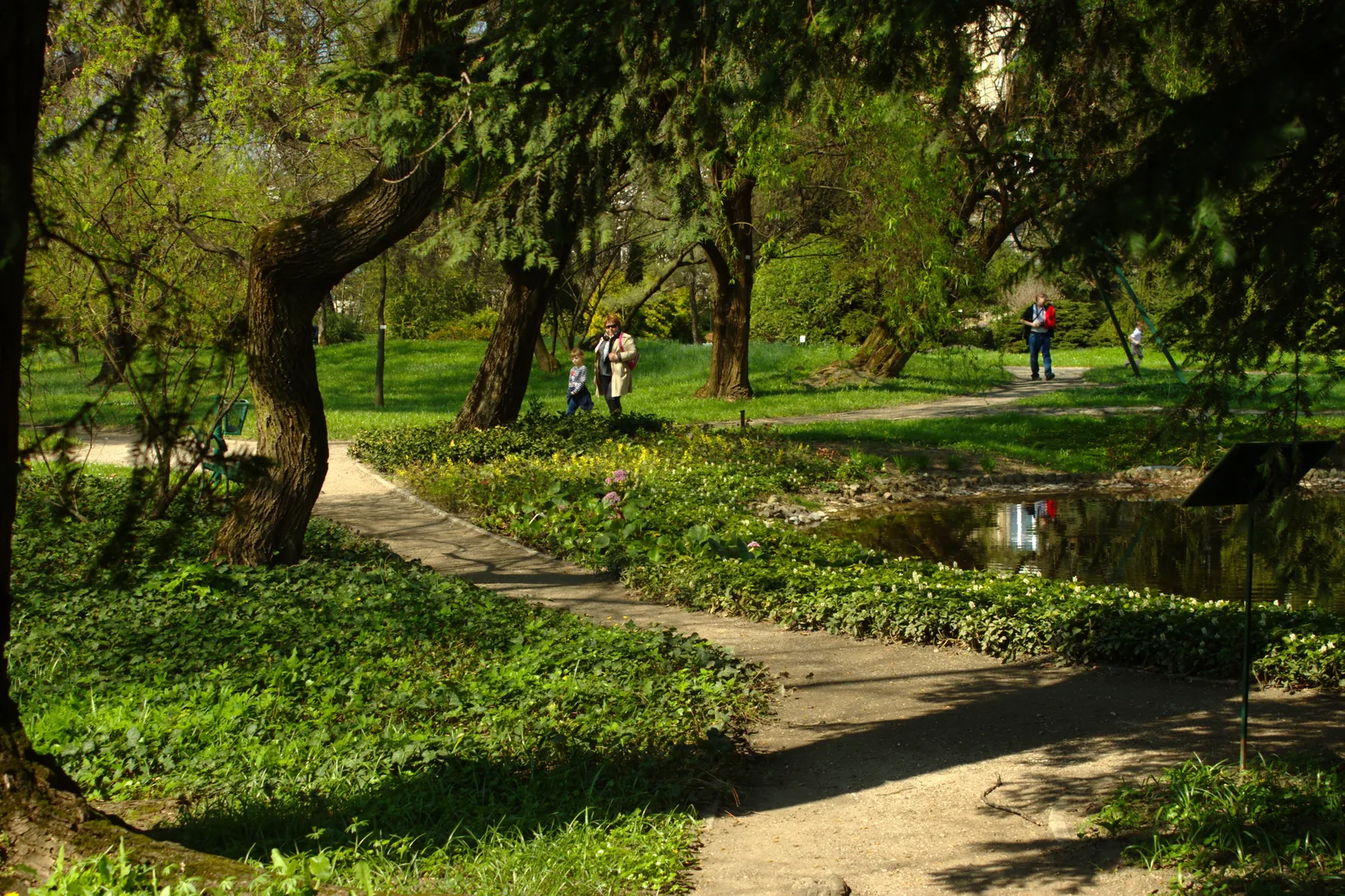 Visitors walking beside a planted pond and mature trees in Zagreb Botanical Garden
