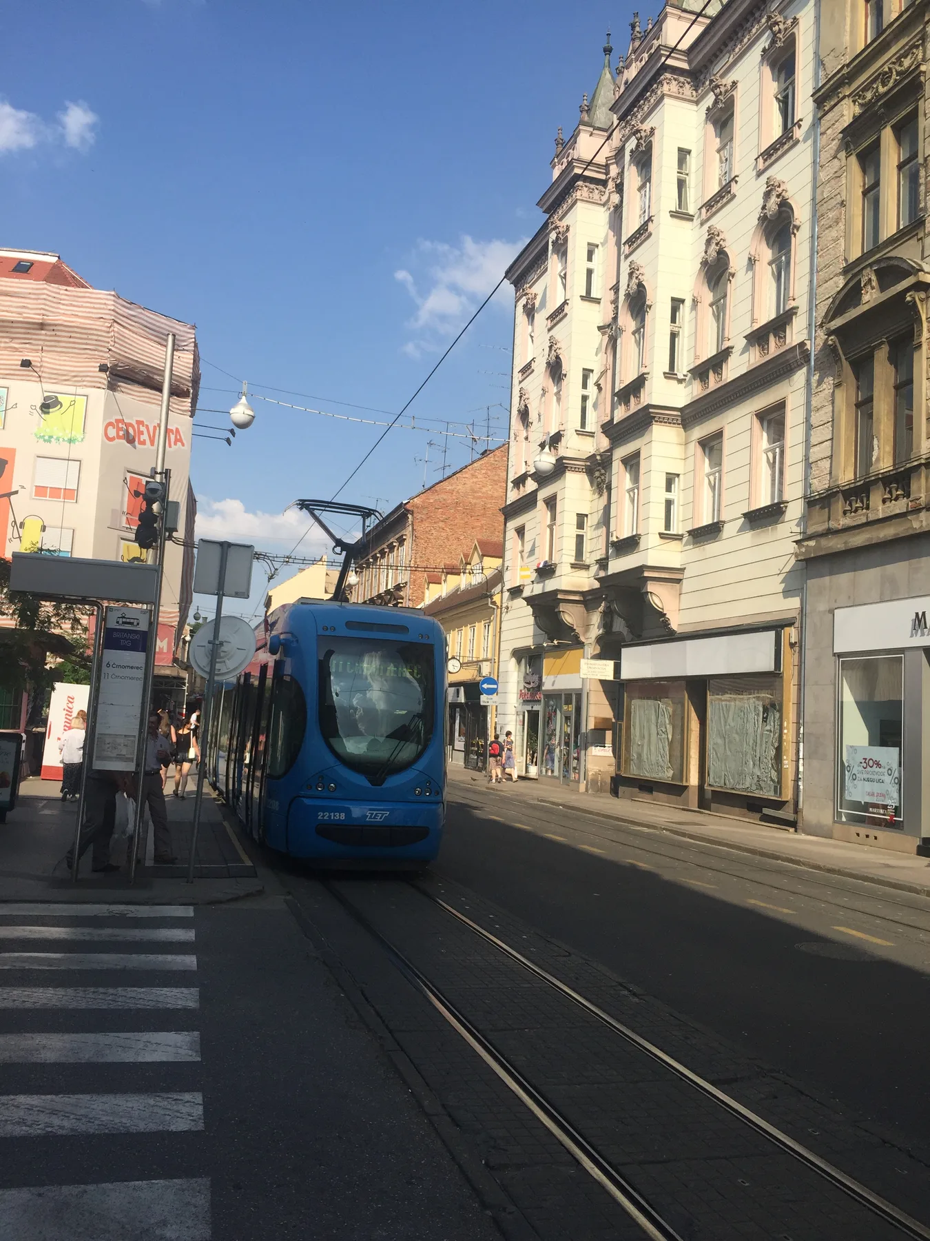 Blue tram at the Britanski trg stop on Ilica
