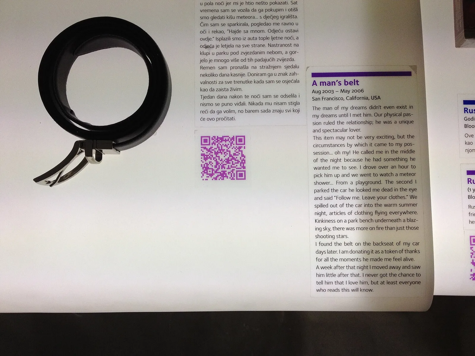 A donated belt displayed with its personal relationship story at the Museum of Broken Relationships