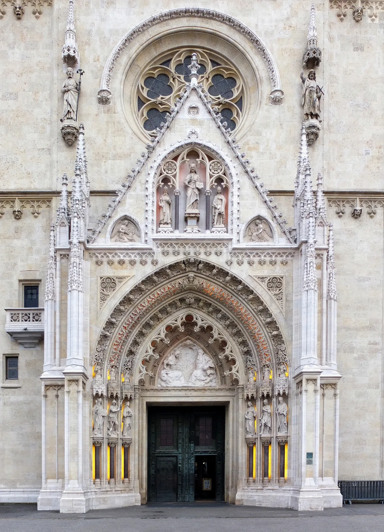 Sculpted main portal and pointed arch on Zagreb Cathedral's west facade