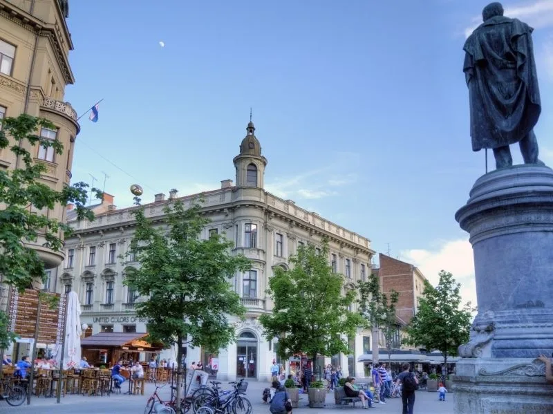 Petar Preradovic monument and historic facades on Cvjetni Square