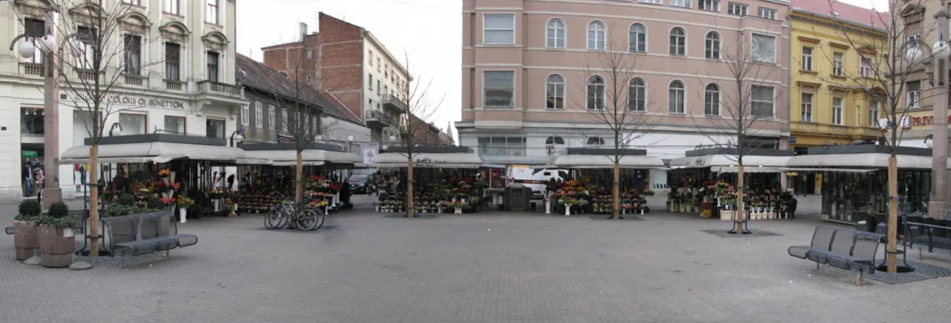 Wide view across Cvjetni Square with flower sellers and surrounding facades