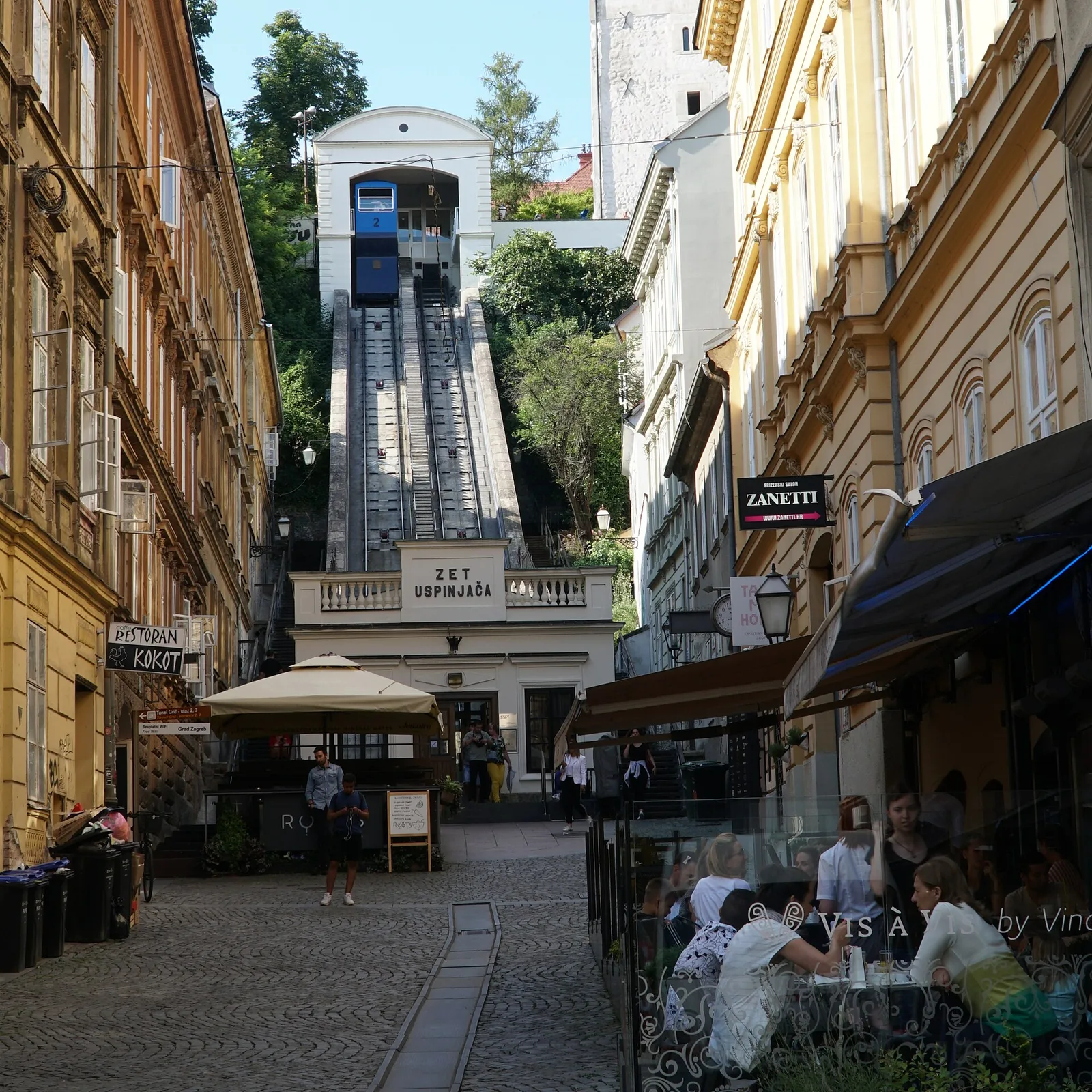 Zagreb Funicular track rising above the cafes of Tomic Street