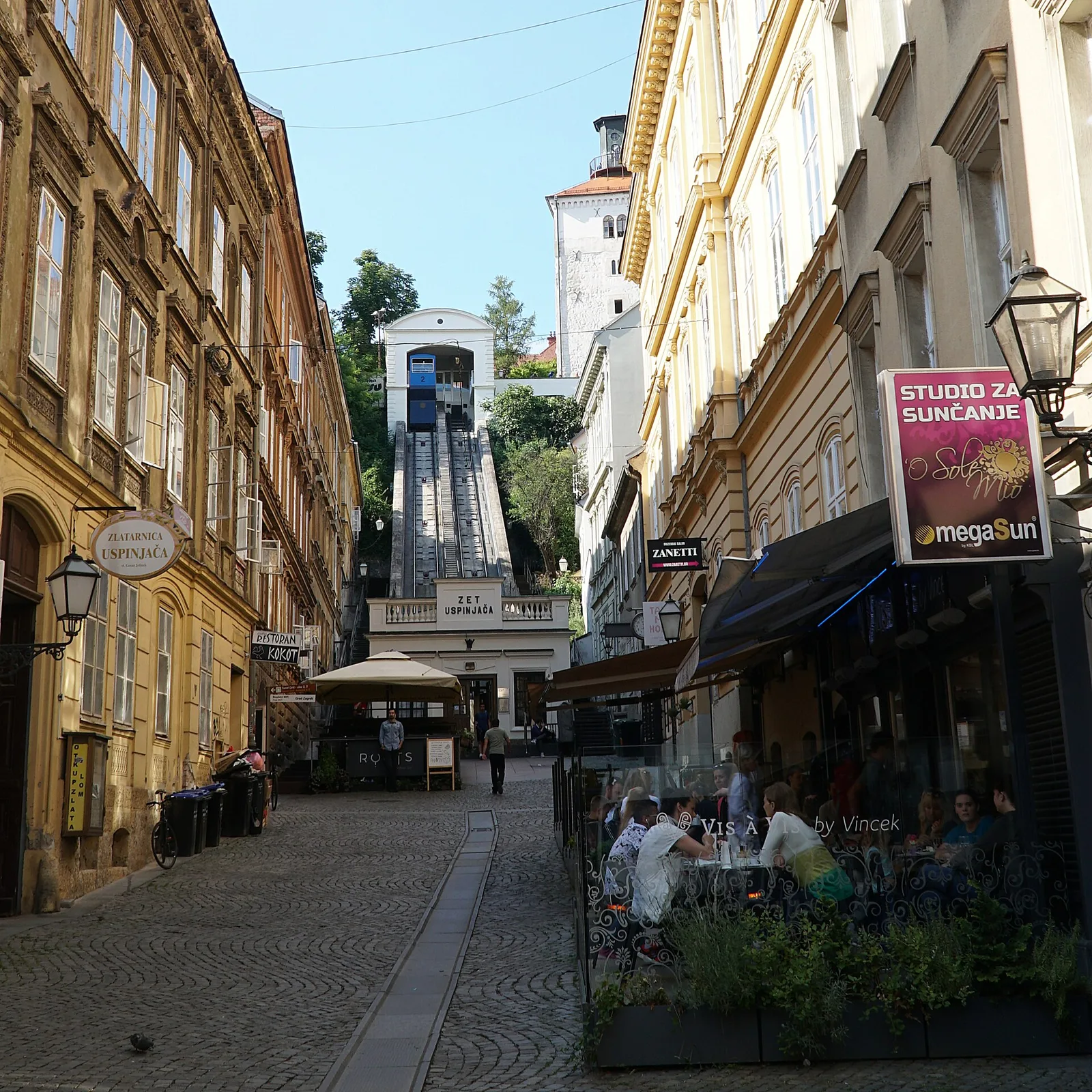 Blue Zagreb Funicular car on the steep track above Tomic Street