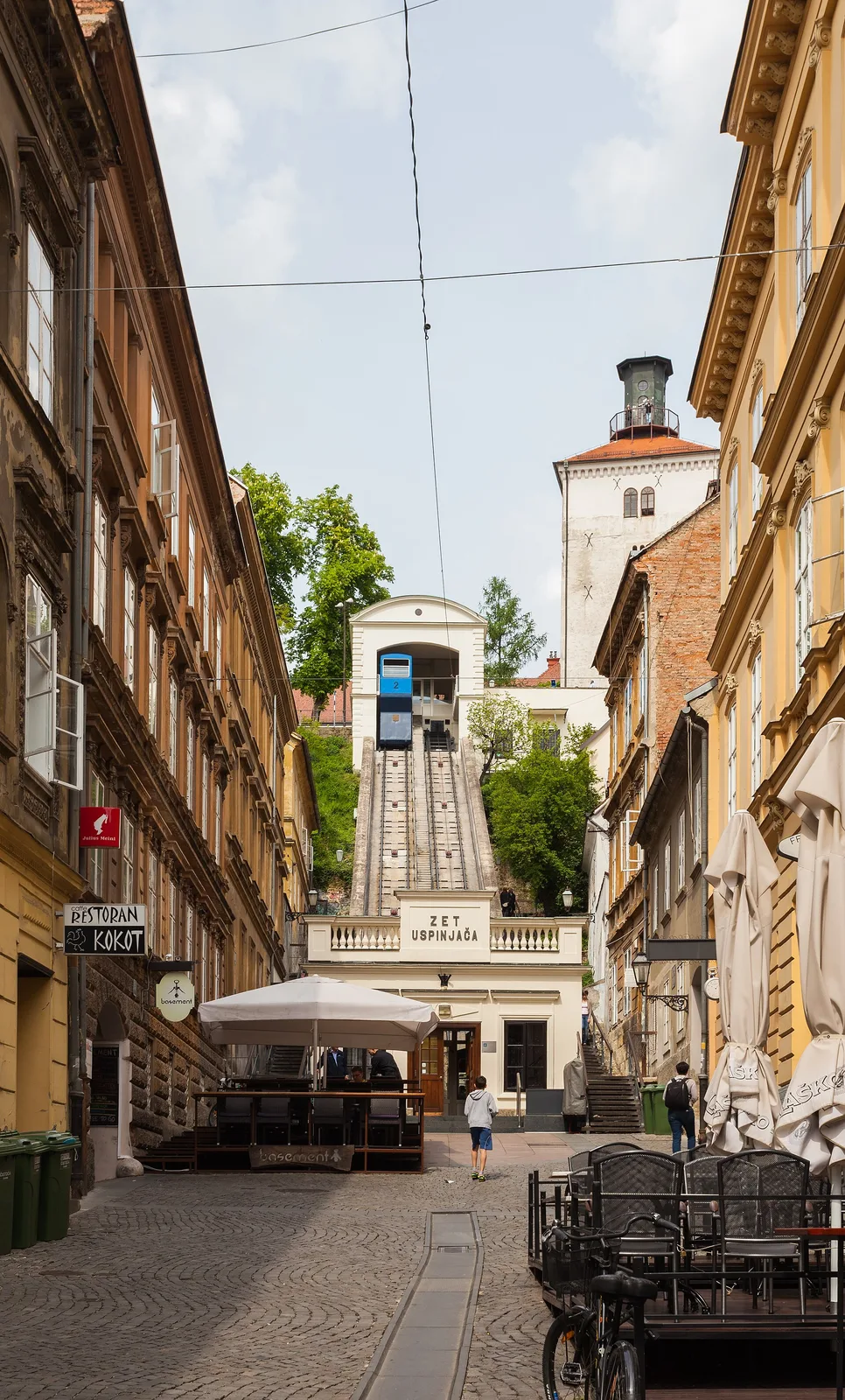 Zagreb Funicular track and upper car viewed vertically between Lower Town buildings