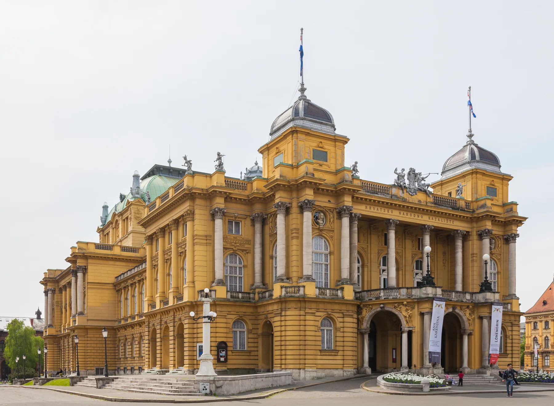 Front facade and entrance steps of the Croatian National Theatre in Zagreb