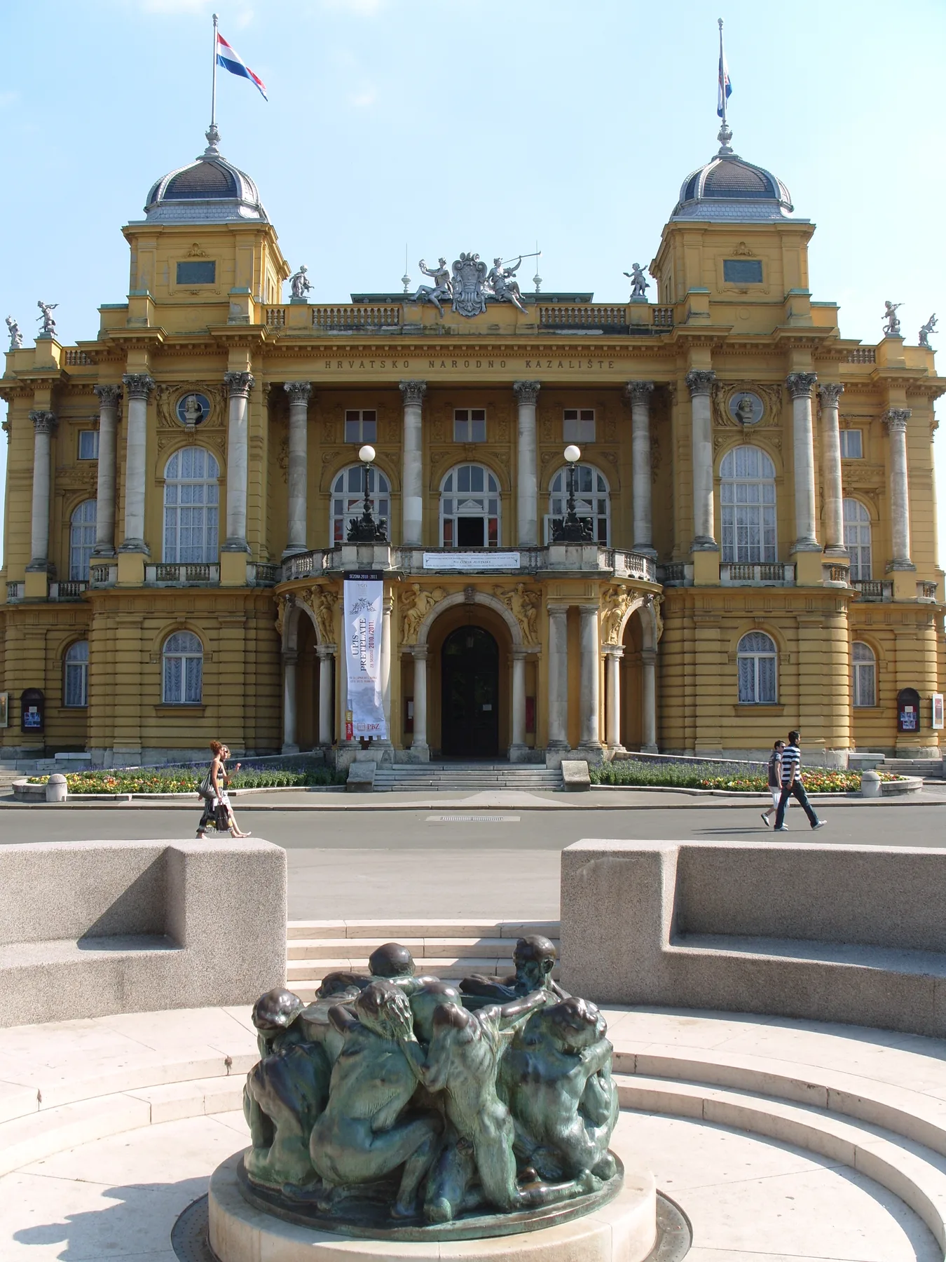Ivan Mestrovic's Well of Life sculpture with the Croatian National Theatre behind