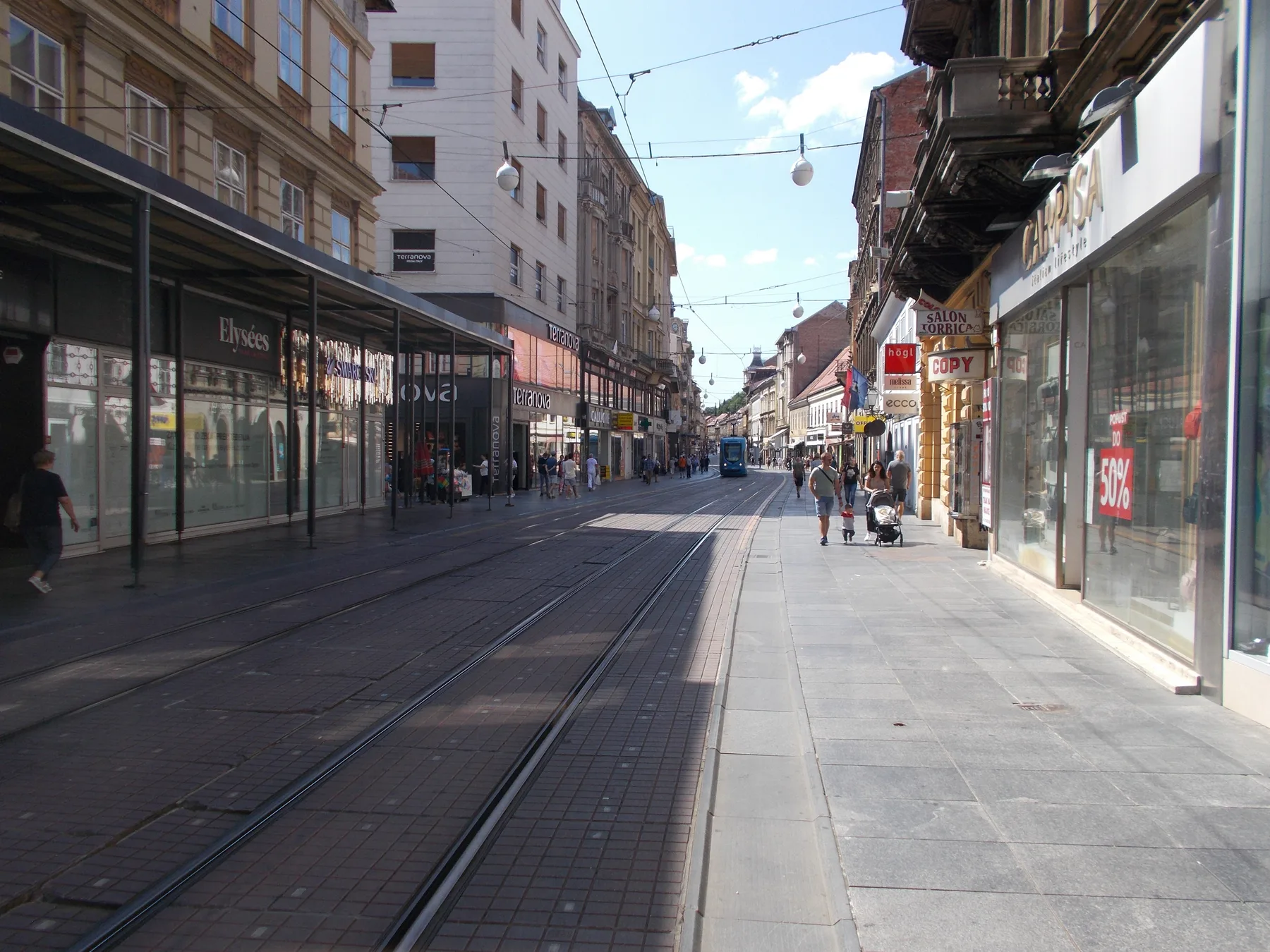 Ilica in August 2021 with shopfronts, tram rails and a narrow pedestrian edge