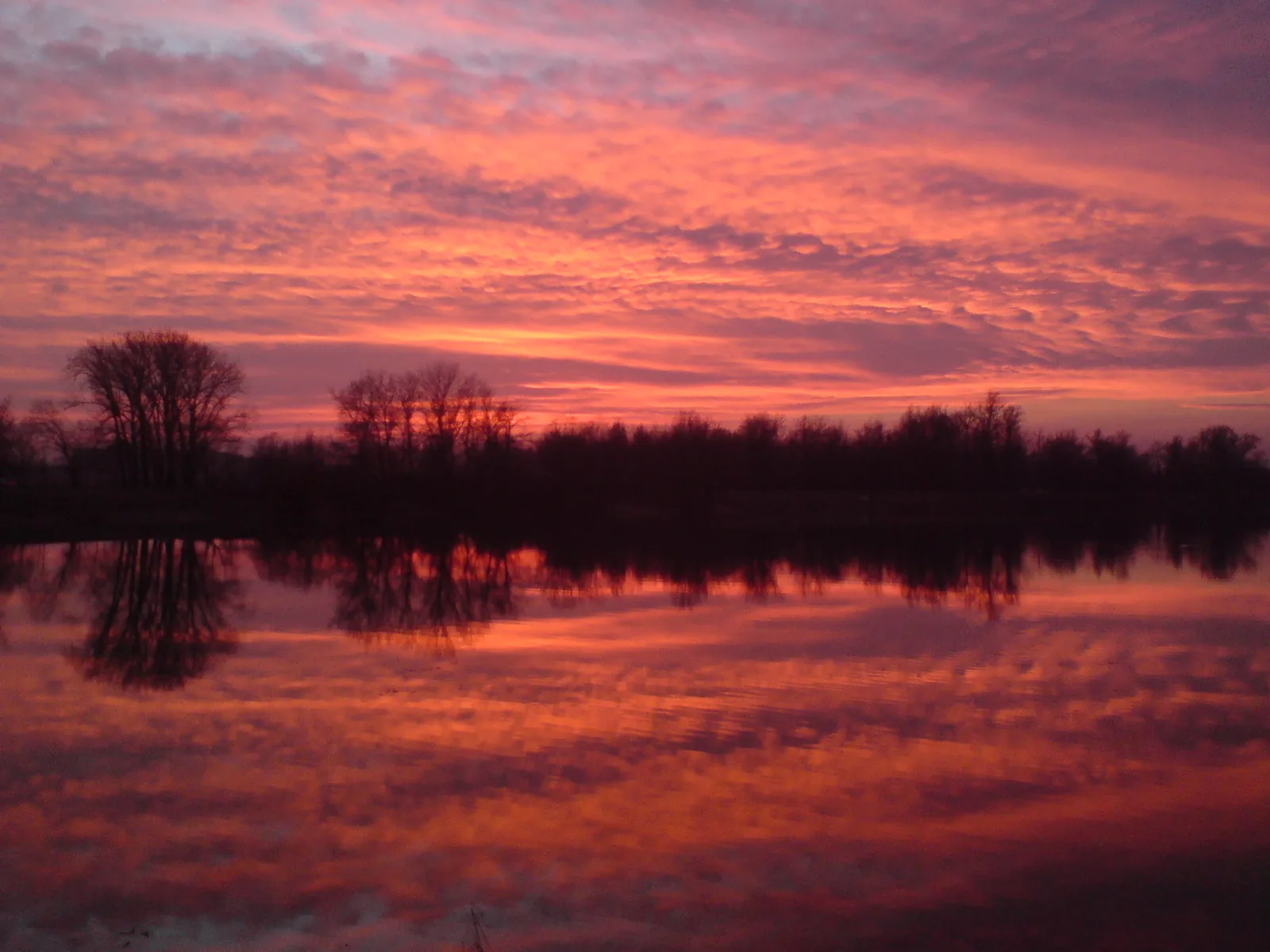 Red and purple sunset reflected in the still water of Jarun Lake