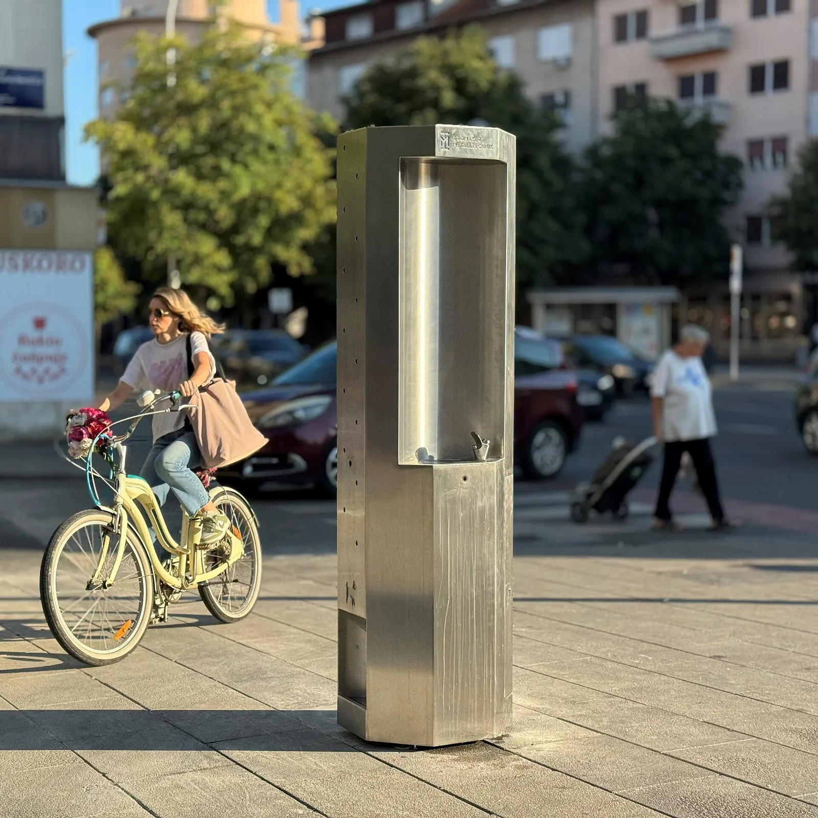 Blue mobile public drinking fountain on Kvaternik Square in Zagreb in 2025