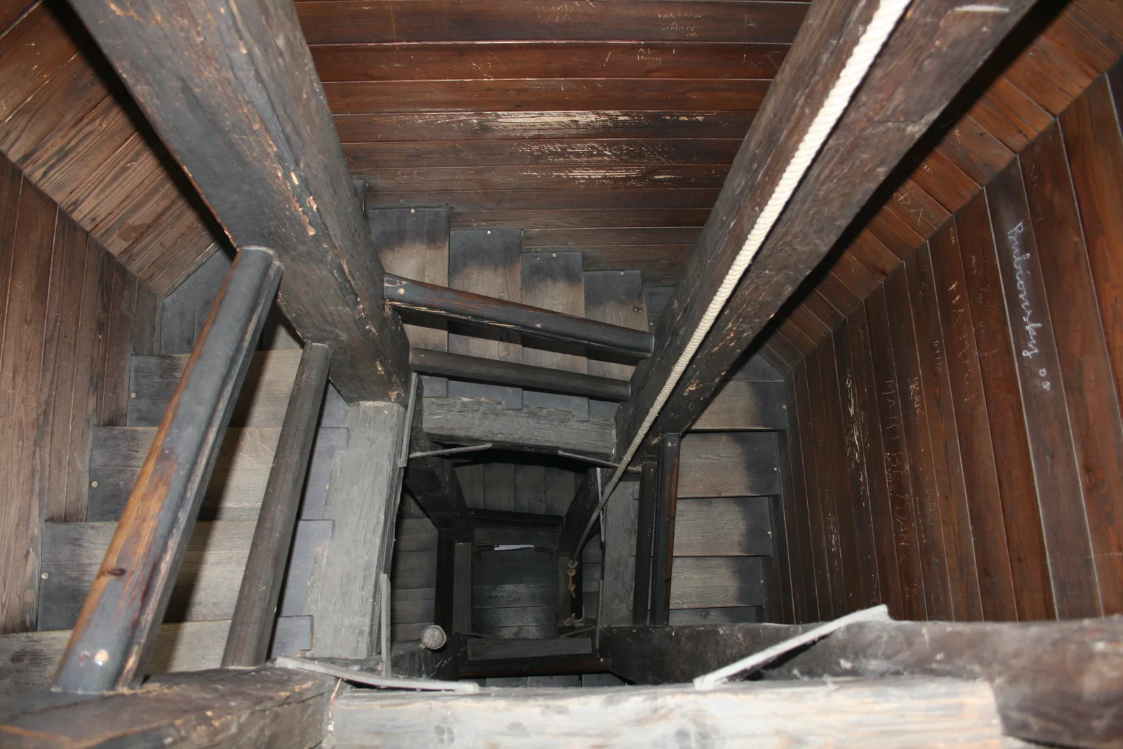 Timber stairwell structure descending through Lotrscak Tower