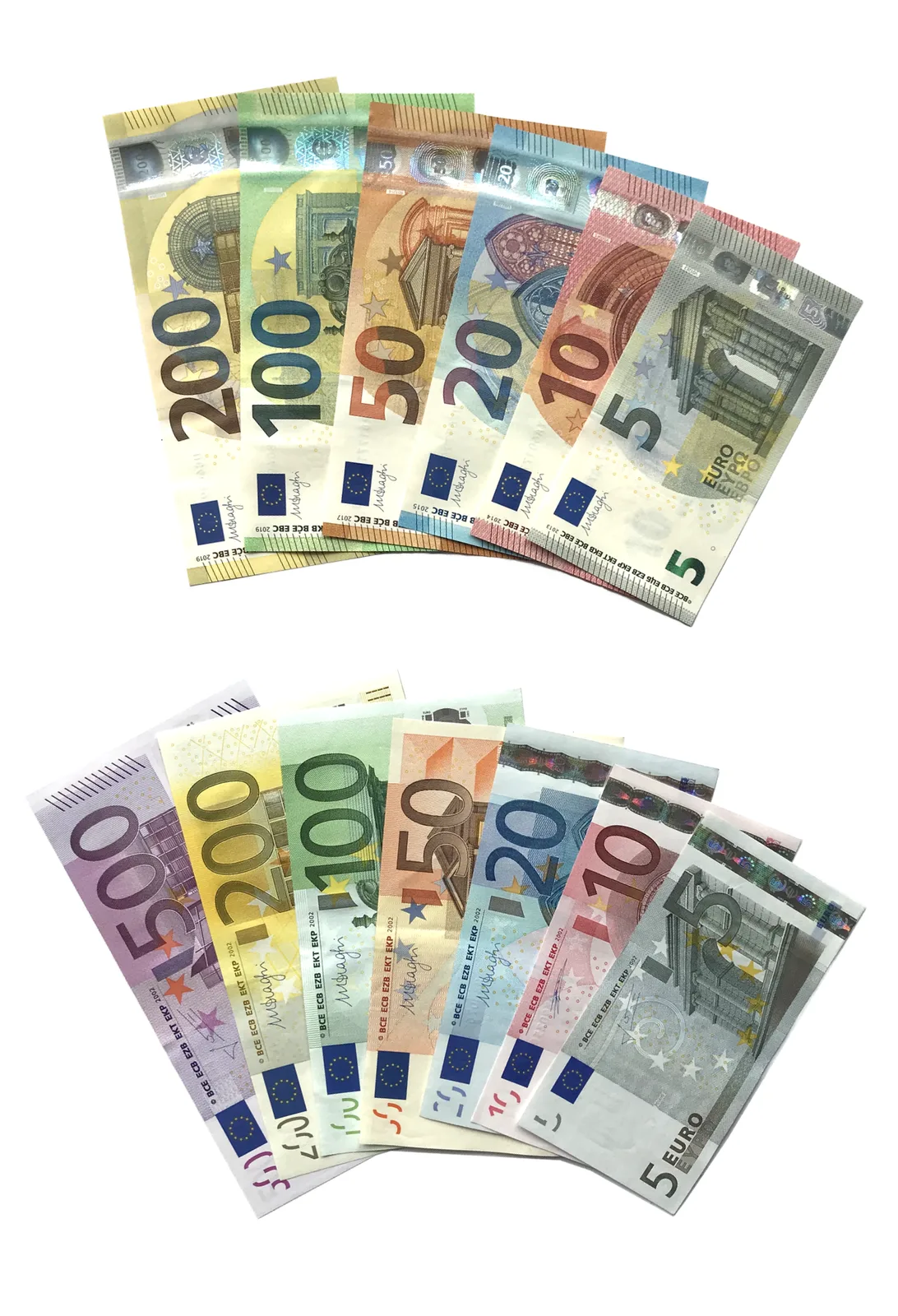 Euro banknotes arranged from five to five hundred euros