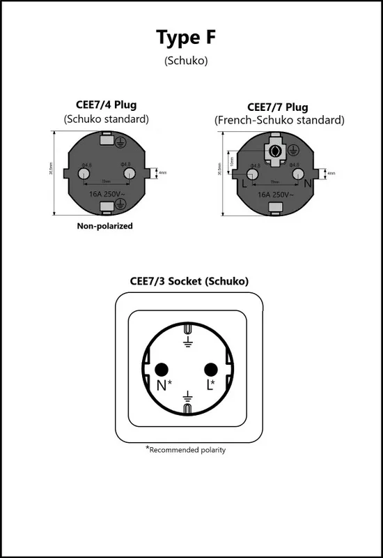 Type F wall socket shown with compatible grounded round-pin plugs