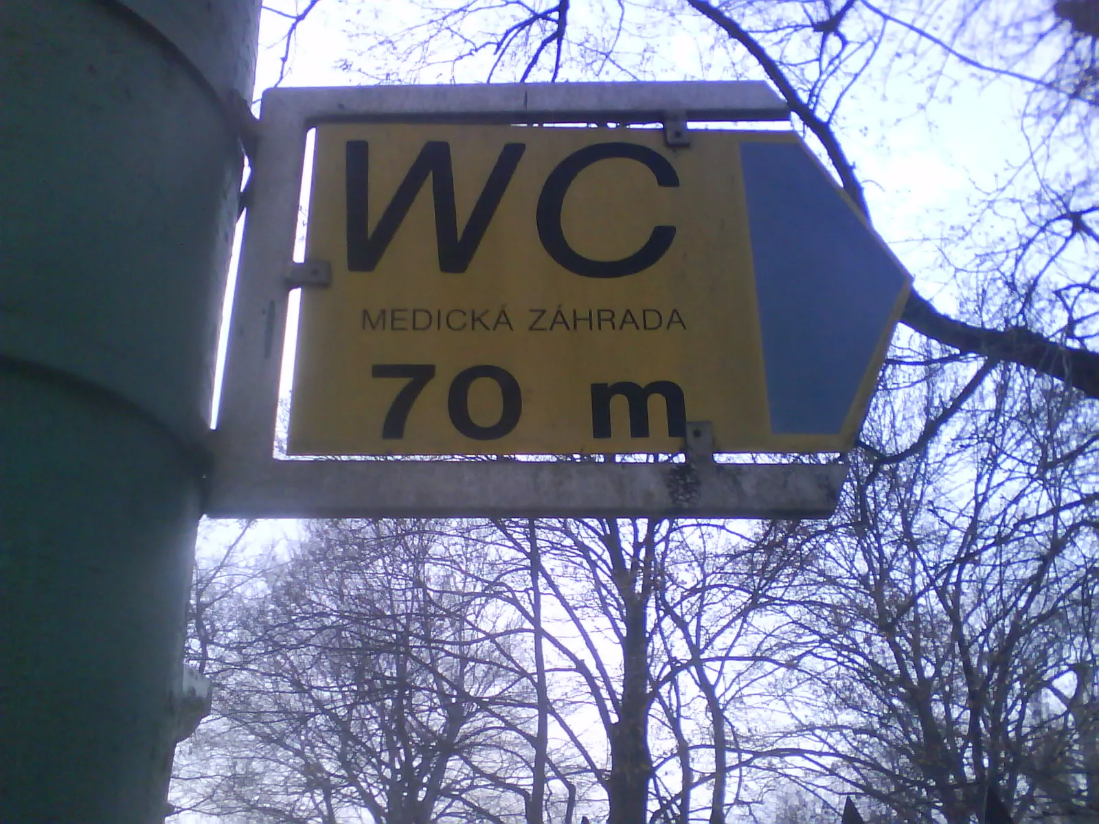 Public WC direction sign with male, female and wheelchair symbols