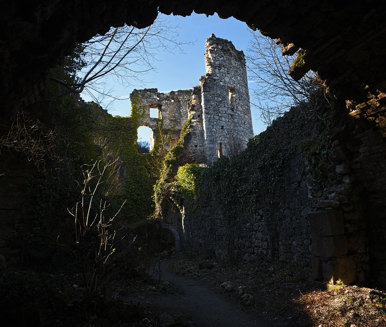 Weathered stone walls inside the wooded ruins of Samobor Castle