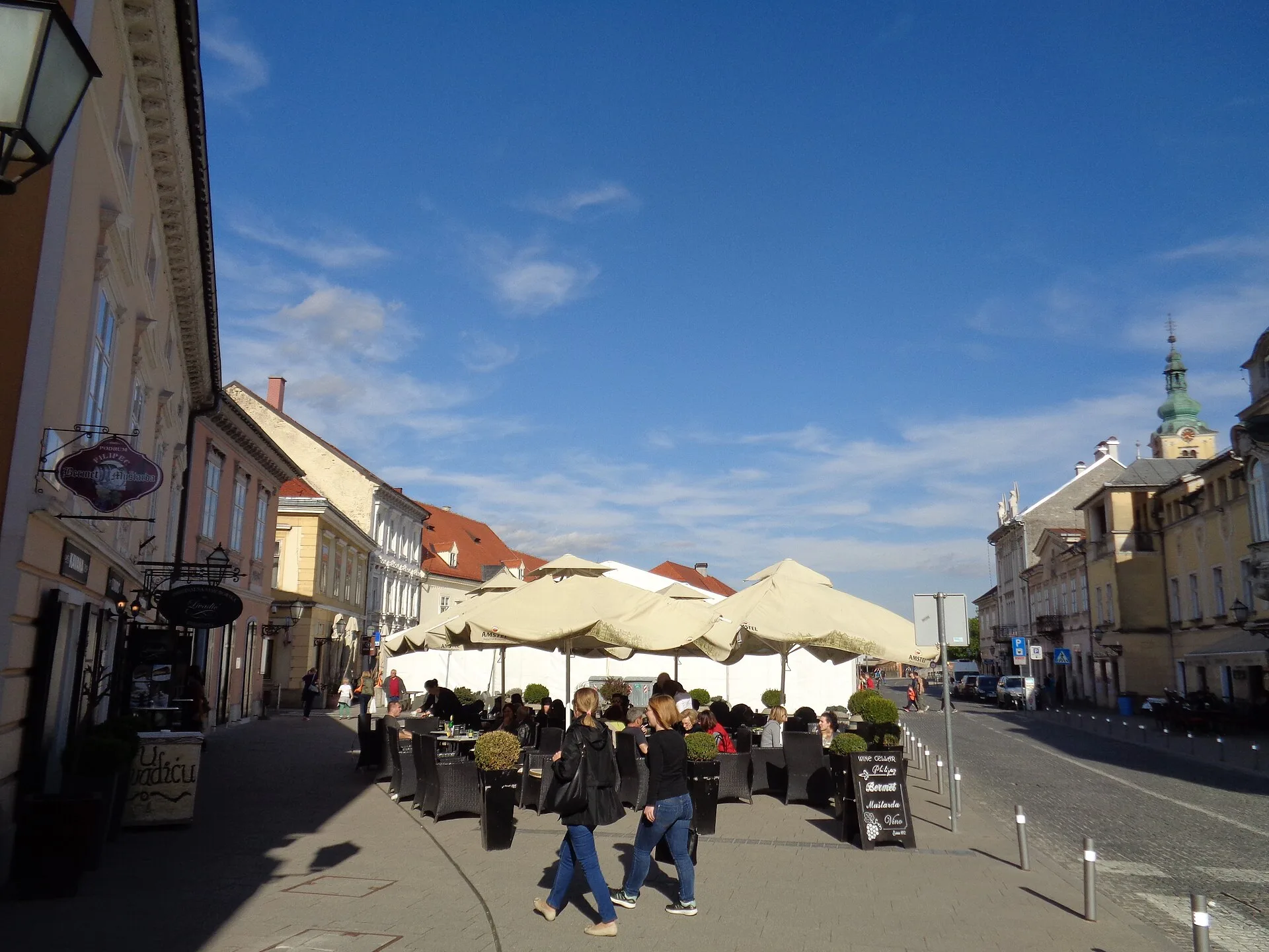 Café terraces and Baroque buildings along a central street in Samobor