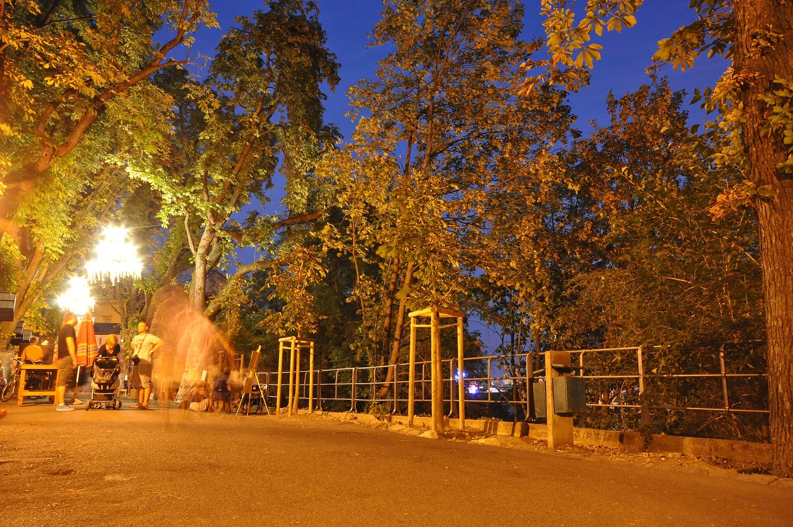 Decorative chandeliers glowing beneath trees on Strossmayer Promenade at night