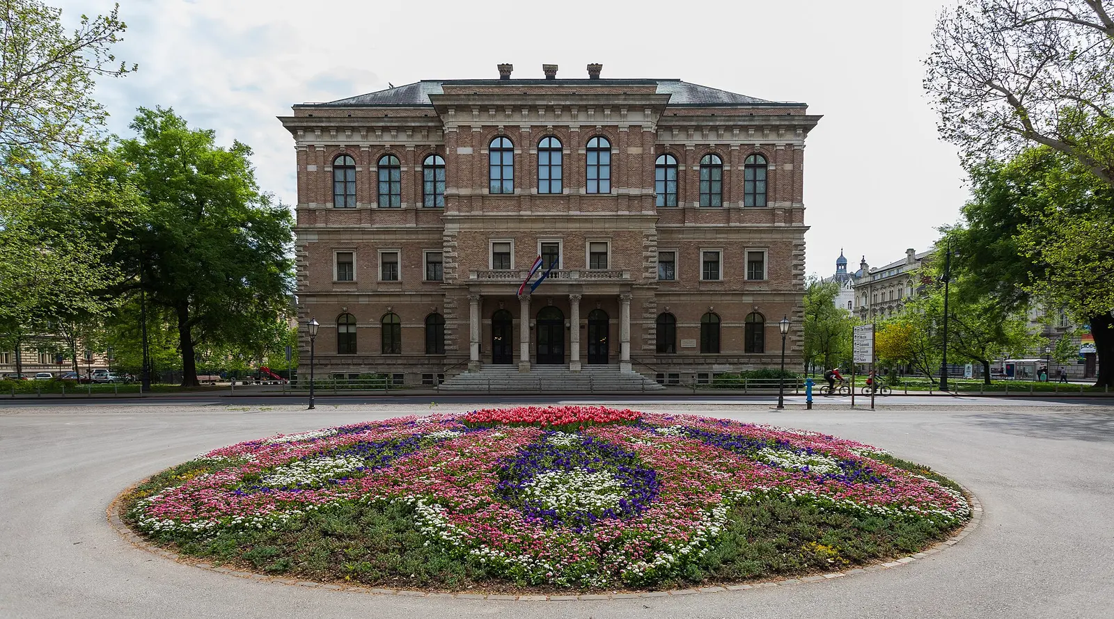 Croatian Academy building and flower bed on Zrinjevac in Zagreb