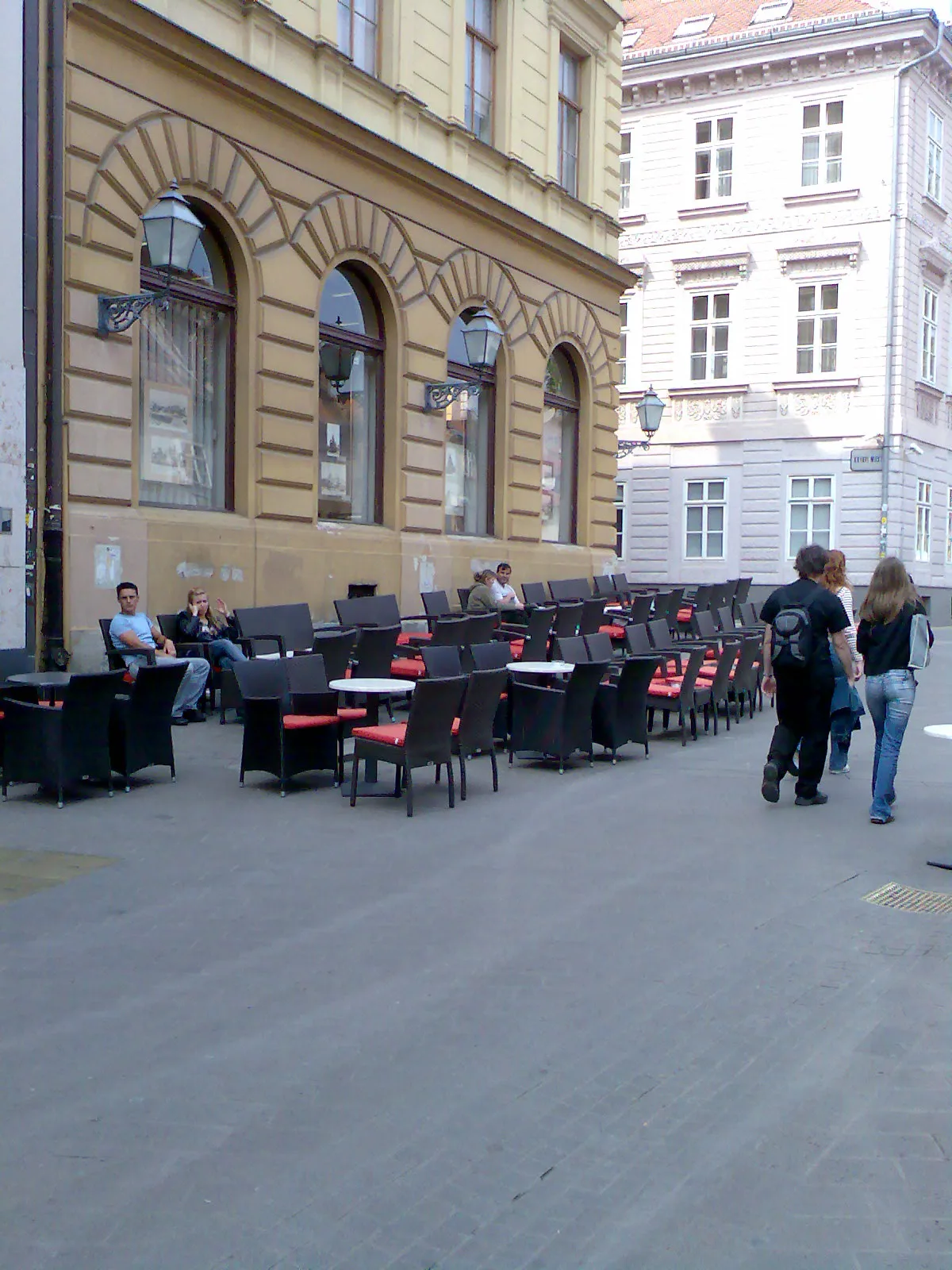 Tkalčićeva Street at the Krvavi Most junction with café seating and pedestrian route