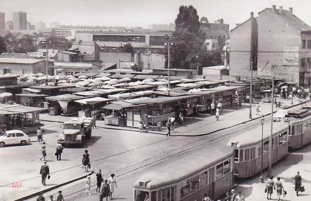 Trešnjevka Market stalls, tram tracks and surrounding buildings in the 1970s