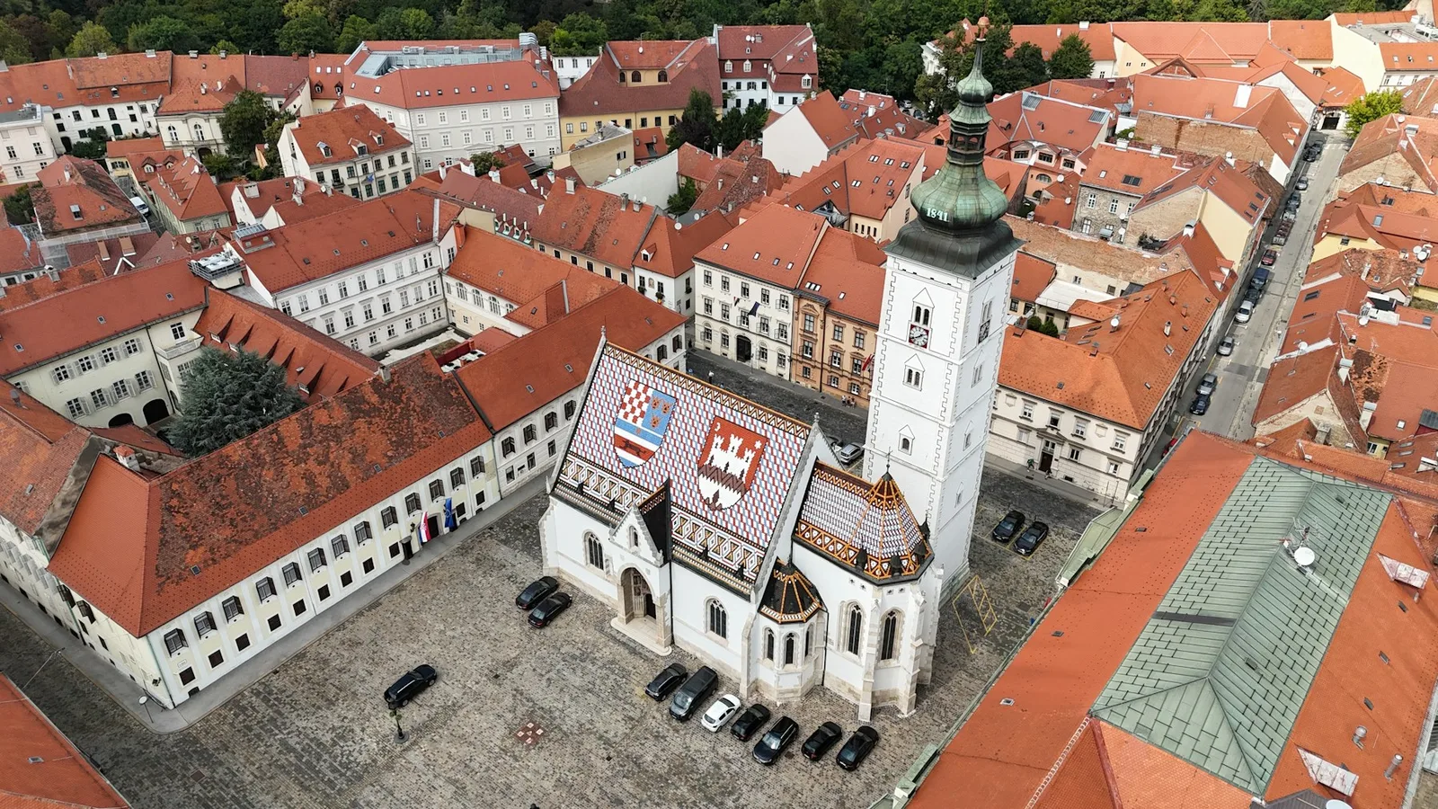 Aerial view over St. Mark’s Church and the red roofs of Zagreb’s Upper Town