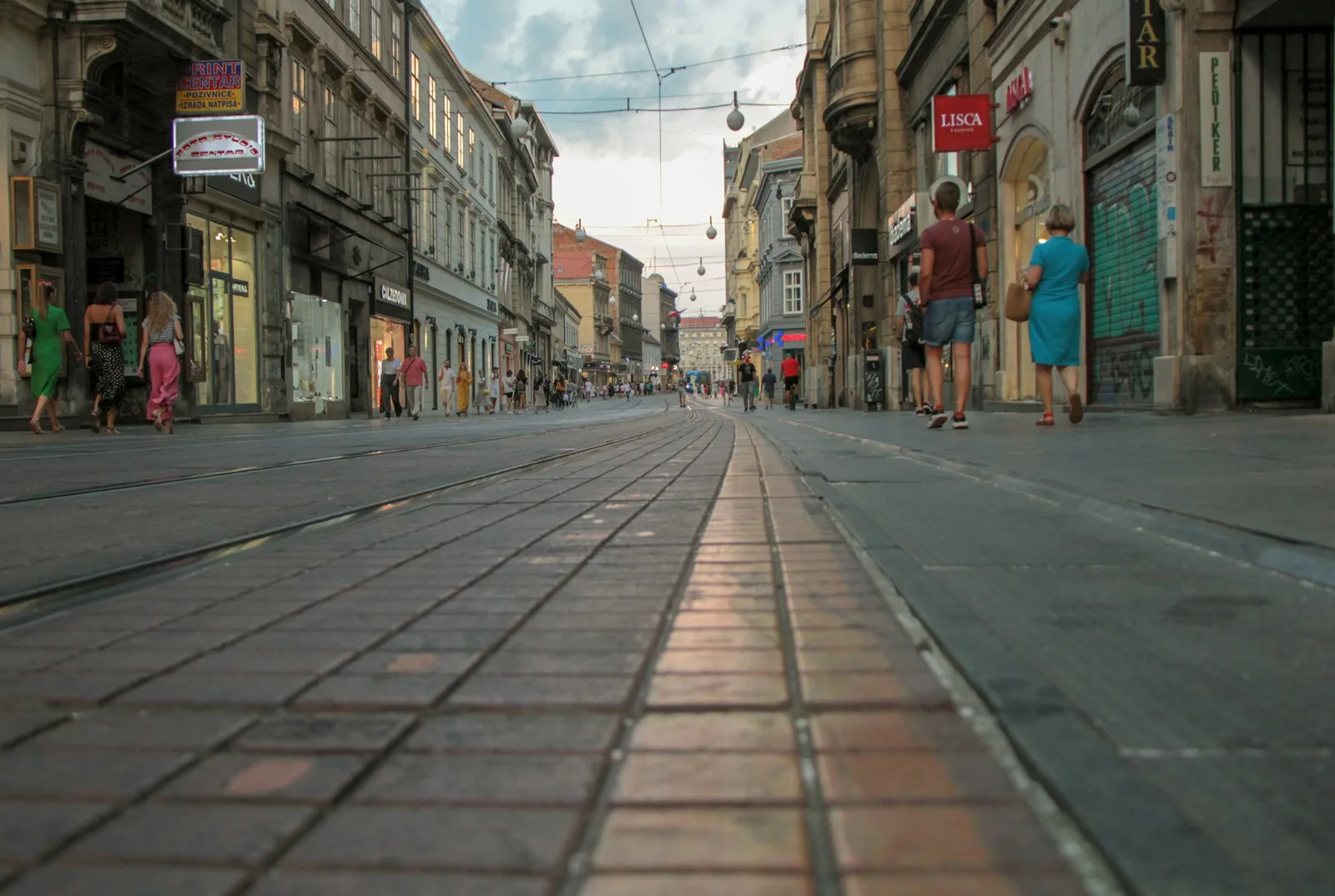 Pedestrians and tram tracks along Ilica in central Zagreb
